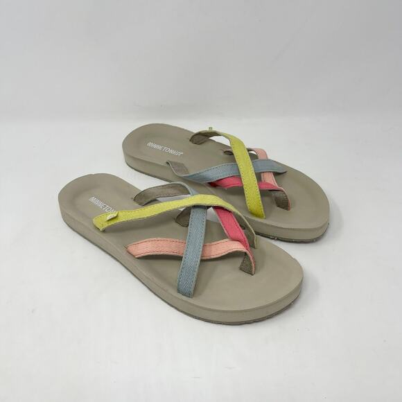 Minnetonka Multicolor Hanna Sandal Womens 10 Coral Blue Yellow Cushion Strappy - Picture 2 of 8